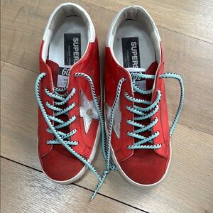 Golden Goose Red Sneakers with White Star and Turquoise Laces